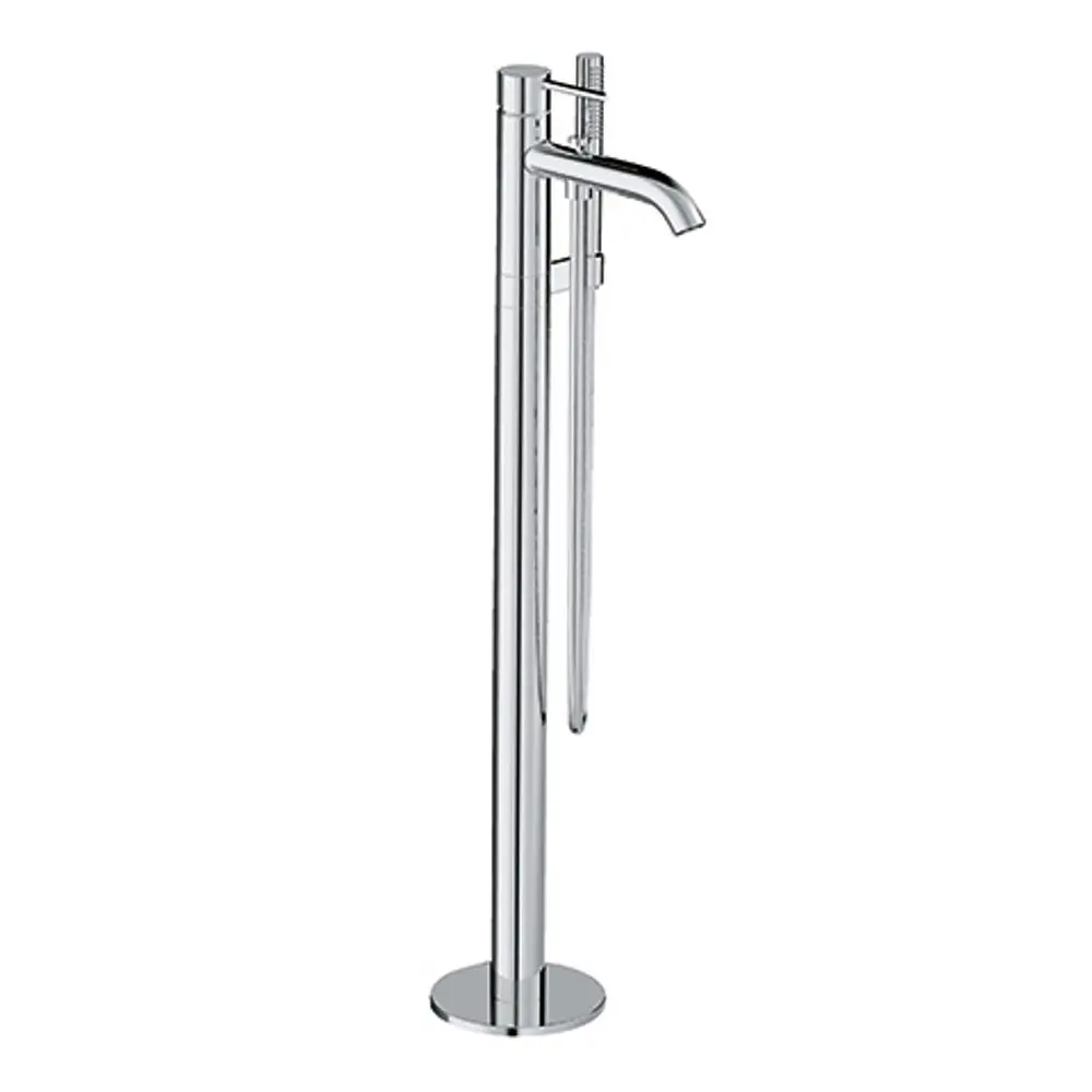 Kromfarbener Standmischer von Kludi für Wannenfüllung und Brause, mit einem schlanken, vertikalen Design und einem seitlichen Handgriff zur Steuerung des Wassers.